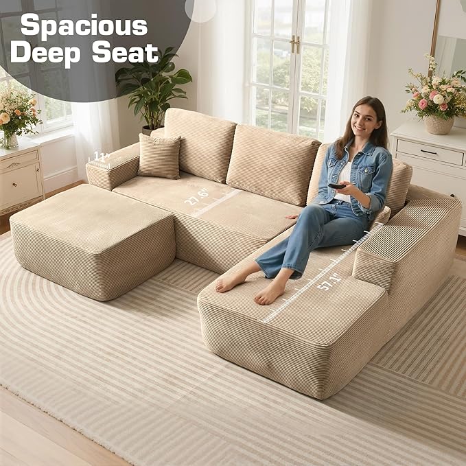 106" Cloud Sectional Couch with L-Shape Chaise & Ottoman, No Assembly Modular Sofa, Deep Seat Corduroy Boneless Couched for Living Room (Camel Stripe Corduroy, Right Facing Chaise with Ottoman)