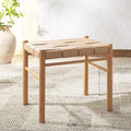 SAFAVIEH Couture Collection Devnie Tan Woven Leather & Natural Solid Wood Ottoman (Fully Assembled)