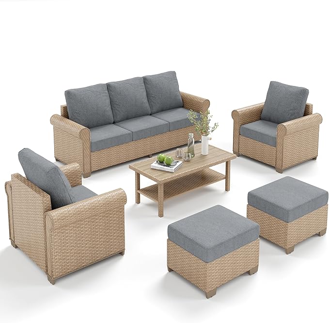 Patio Furniture Set 6 pcs, Wicker Outdoor Patio Furniture, 3-Seat Sofa, 2 Single Chairs, 2 Ottomans and Coffee Table, Rattan Patio Conversation Set for Backyard Deck, Grey