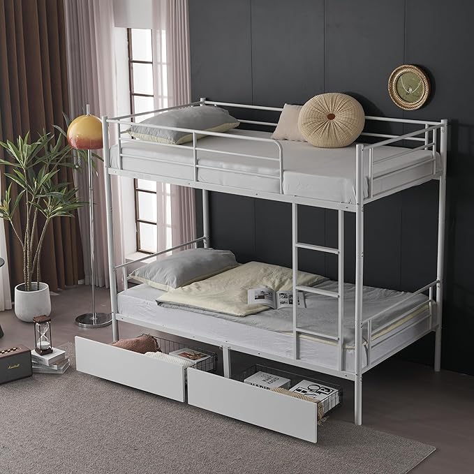 Karl home White Bunk Bed Twin Over Twin with 2 Storage Drawers, Metal Bunk Bed with Built-in Ladder and Safety Guardrail, Space-Saving Twin Bunk Beds for Kids, Teens & Adults, No Box Spring Needed