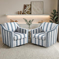 Pia Ricco Set of 2 Oversized Modern Striped Fabric Swivel Accent Chairs with Removable Covers, Living Room Reception Set,Navy