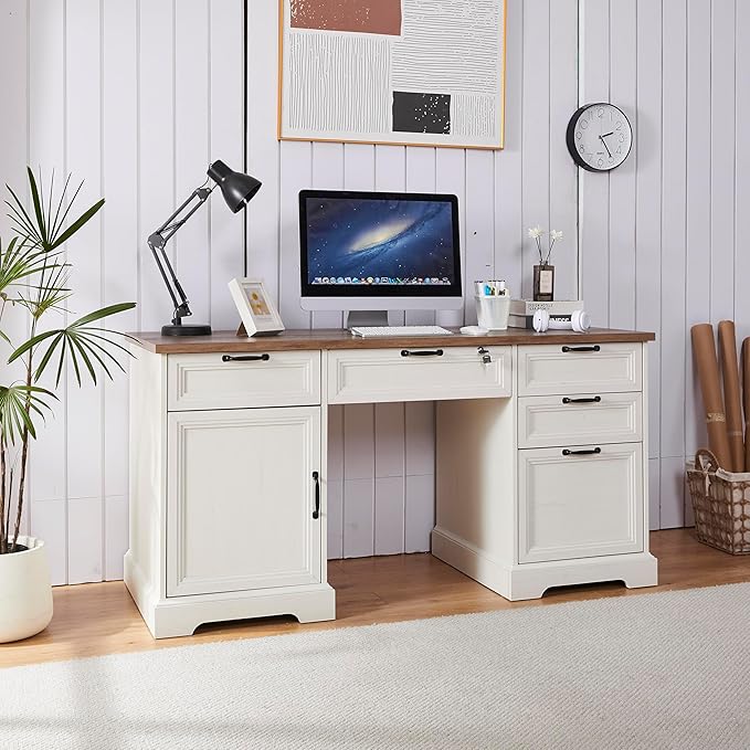 60" Farmhouse Executive Desk with Charging Station,Home Office Desk with 4 Drawers & 1 Cabinet&1 File Cabinet,Main Drawer with Lock,Wood Desk for Office and Home