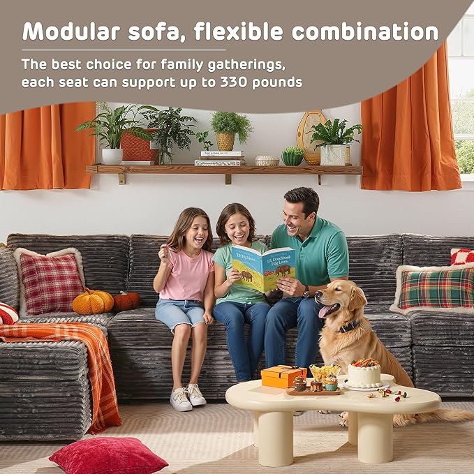 130'' Modern Modular Sectional Sofa with Ottoman, 7 Pieces L Shaped Cloud Couch for Living Room, Oversized Deep Seat Convertible Sofa Set, Plush Corduroy Gray