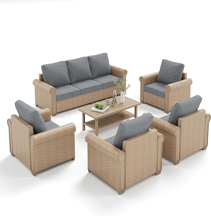 Patio Furniture Set 6 pcs, Wicker Outdoor Patio Furniture, 3-Seat Sofa, 4 Single Chairs and Coffee Table, Rattan Patio Conversation Set for Backyard Deck, Grey
