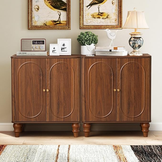 ORRD Fluted Storage Cabinet, Modern Credenza Wooden Accent Sideboard Buffet Cabinet Set of 2 with Adjustable Shelves and Solid Wood Legs, Console Table for Kitchen Dining Living Room Entryway, Walnut