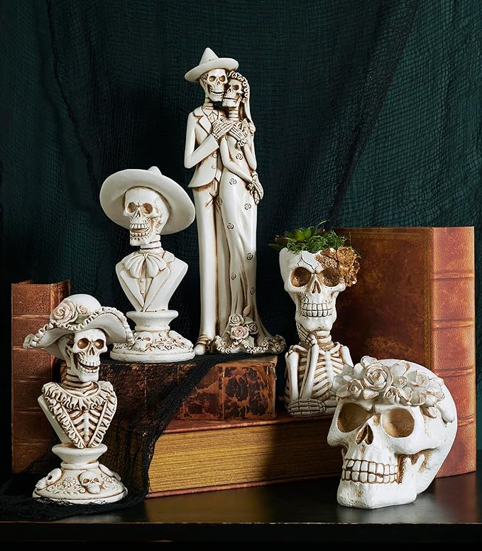 Primitives by Kathy Seasonal Home Decor Lady Skeleton Figurine - Resin, Off White and Bronze, Halloween