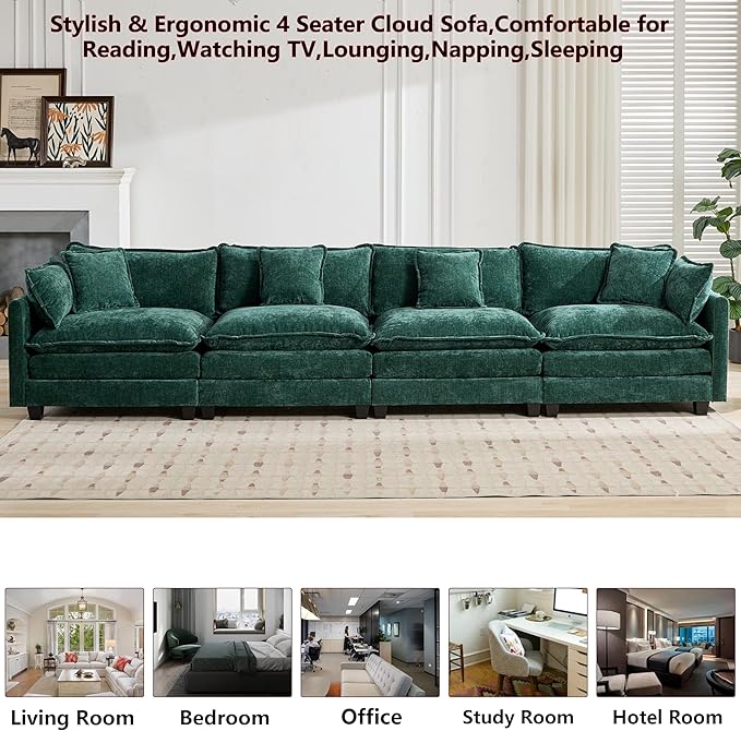Aoowow Modular Sectional 4 Seater Cloud Sofa Couch for Living Room,149.6" Cloud Sofas with Deep Seat,Modern Chenille 4 Seat Sofas,Fluffy Cloud Couches for Bedroom,Office,Hotel (Green, 4 Seater)