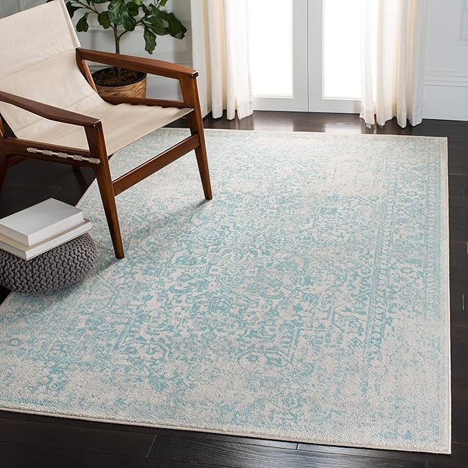 SAFAVIEH Evoke Collection 6'7" x 9' Ivory / Aqua EVK256J Oriental Distressed Non-Shedding Living Room Bedroom Dining Home Office Area Rug
