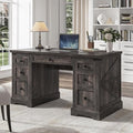 EnHomee 58" W Farmhouse Executive Desk with Drawers, Wood Home Office Desks with Power Outlets, Rustic Computer Desk with Storage Cabinet for Working, Studying, Writing, Dark Rustic Oak