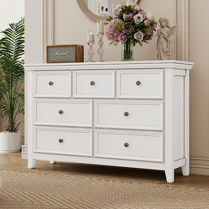 BLANKSPACE White 7 Drawer Dresser, Modern Dresser for Bedroom, Wood Drawer Organizer with Metal Knobs, Large Capacity Wood Cabinet for Bedroom, Hallway