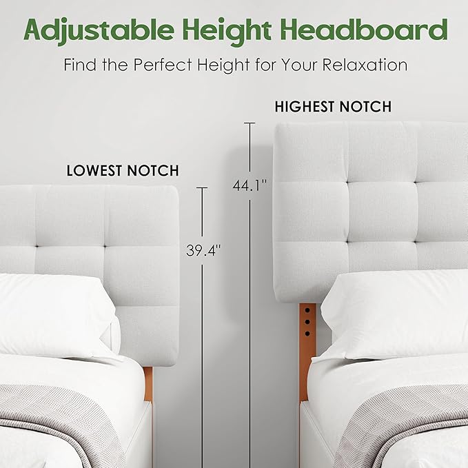 Tufted Upholstered King Headboard, Adjustable Height King Size Headboard Only from 39”to 44” with Durable Solid Wood Legs, Modern Button Diamond Fabric Head Board with Width Adapters, Beige