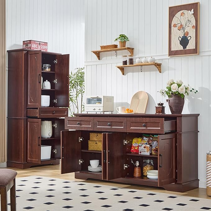 63" Buffet Sideboard Cabinet with 4 Doors and 3 Drawers, Modern Farmhouse Kitchen Storage Cabinet, Coffee Bar Cabinet with Adjustable Shelves, Kitchen Living Room Storage, Dining Room Cherry