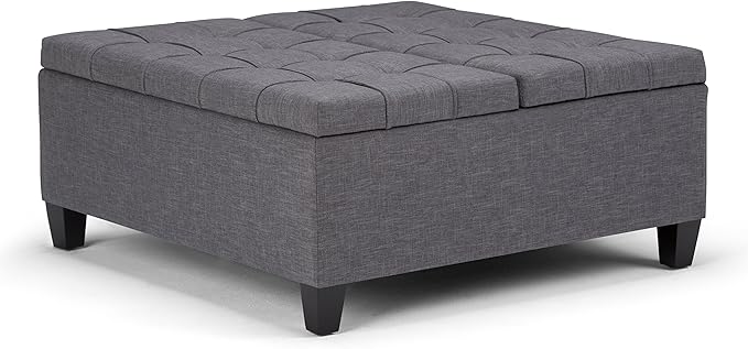 SIMPLIHOME Harrison Coffee Table Storage Ottoman - 36 inch Wide Upholstered Linen Look Fabric Square Lift-Top Ottoman in Slate Grey, Transitional Ottoman for Living Room with Hidden Storage