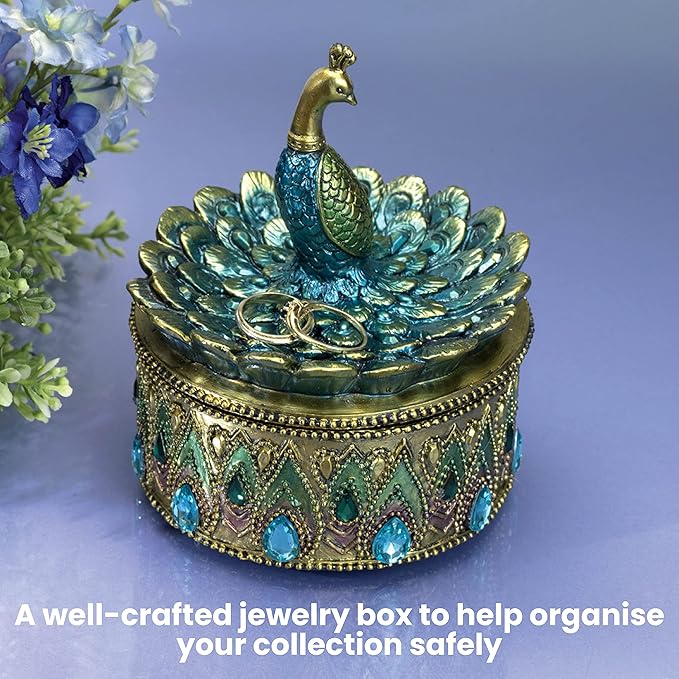 Bits and Pieces Peacock Jewelry Box for Women Small Keepsake Box with Peacock Figurine Lid - Decorative Boxes for Home Decor