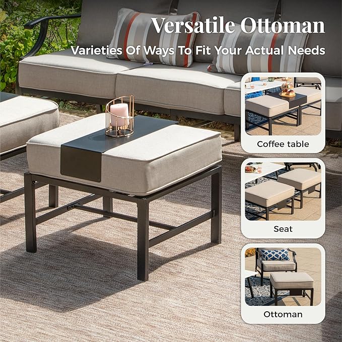 Patio Furniture Set, 6 Pcs Metal Outdoor Conversation Set, 2 Swivel Chairs, 2 Ottomans and 3 Seater Sofa with 5.75" Extra Thick Cushion and Gas Fire Pit Table, Beige
