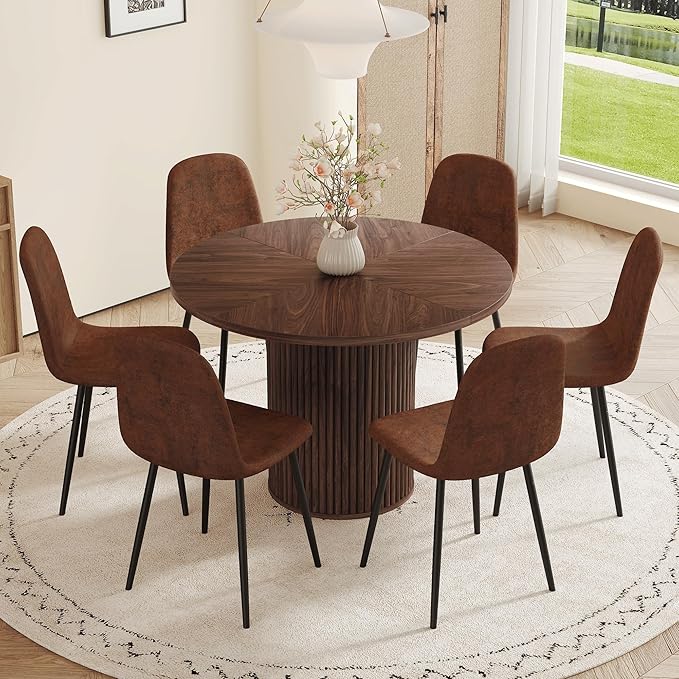 Round Dining Table Set for 6 with Storage, 42" Round Dining Table with 6 Suede Chairs, 7 Piece Kitchen Table Chairs Set of 6 with Thick Wood Top, Roman Column Pedestal, Space-Saving
