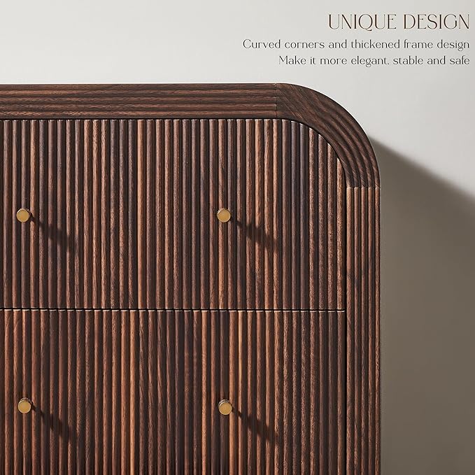 T4TREAM Fluted 6 Drawers Dresser for Bedroom, 54" Wide Modern Chest of Drawers with Thickened Curved Profile Design, Wood Dressers TV Stand for Bedroom, Living Room, Hallway, Dark Walnut