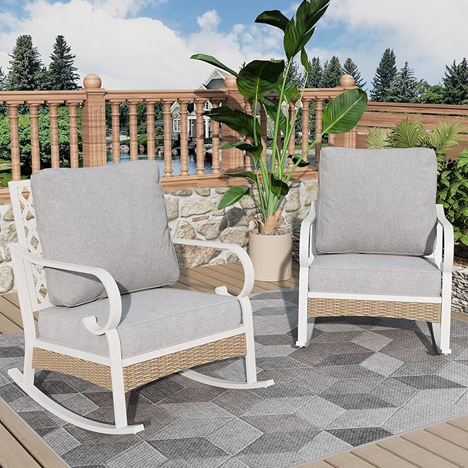 Patio Rocking Chairs Set of 2, Outdoor Sofa Chairs with Deep Seating and 5.5" Cushions, Steel Frame Porch Furniture for Lawn Backyard Deck, Light Grey