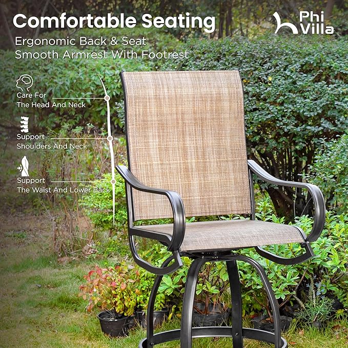 PHI VILLA 3PCS Patio Bar Set, Metal Bar Height Table and 2 Counter Height Swivel Chairs with Textilene Fabric and Thickened Black Metal Frame,High Patio Furniture for Garden,Yard
