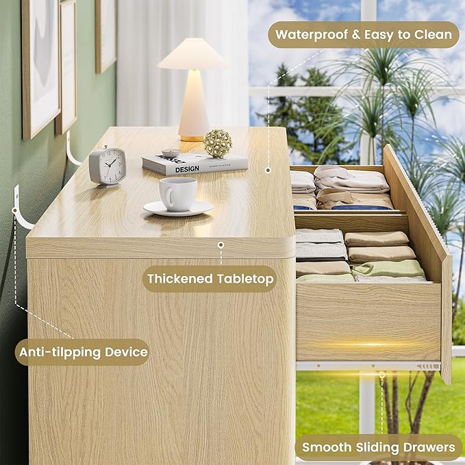 Fluted Dresser with 6 Drawers for Bedroom, 48" Wide Wooden Chest of Drawers with Natural Curved Profile Design, Modern Dresser TV Stand, Wood Closet Clothes Storage Organizer