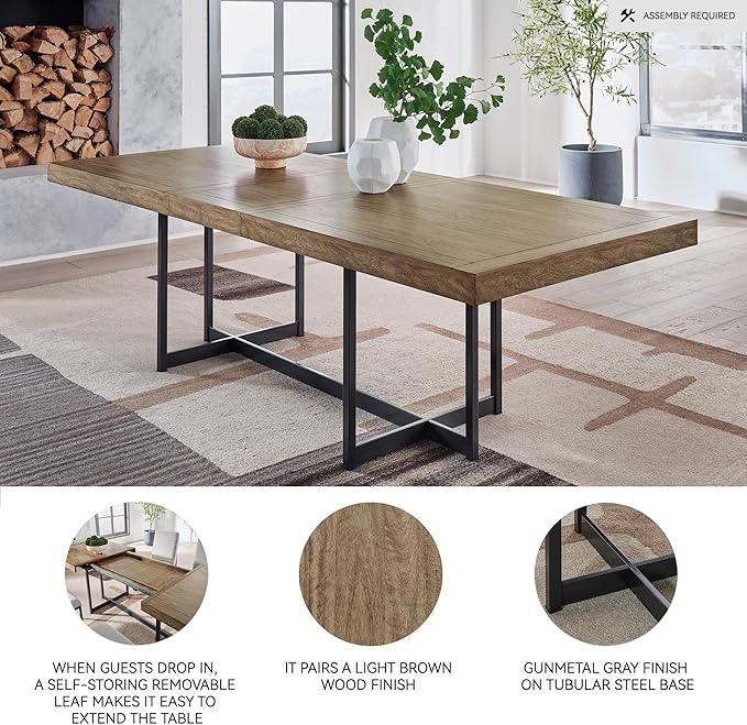 Signature Design by Ashley Tomtyn Casual Self Storing Leaf Dining Extension Table with Trestle Base, Light Brown