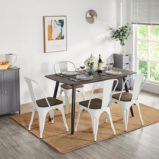 Yaheetech 18 Inch Classic Iron Metal Dining Chair with Wood Top/Seat Indoor-Outdoor Use Chic Bistro Cafe Side Barstool Bar Chair Distressed White, Set of 4