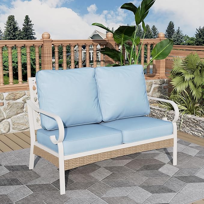 Patio Furniture Sofa, Love-Seat Patio Sofa Steel Frame Outdoor Sectional Couch with Deep Seating and 5.5” Cushions for Lawn Backyard Porch Deck, Blue