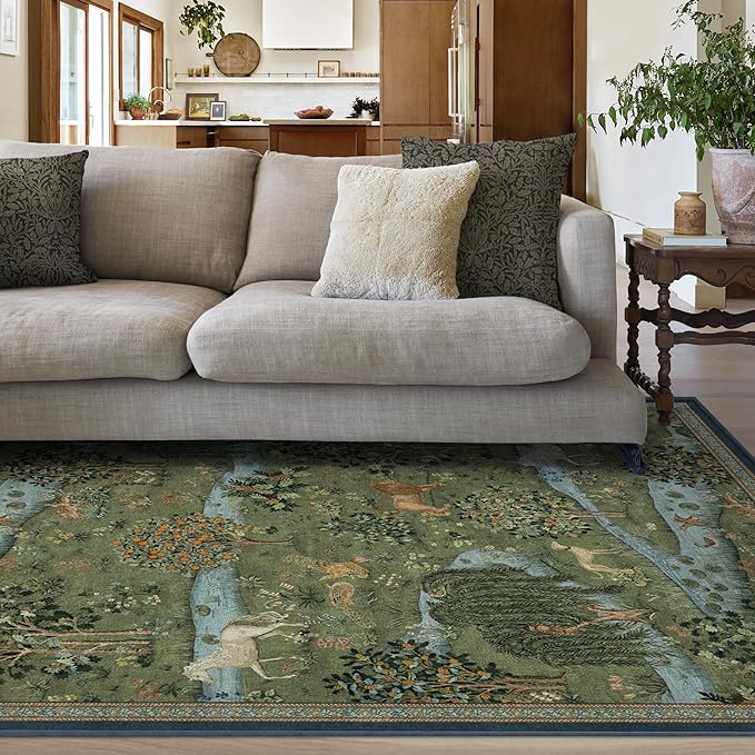 RUGGABLE x Morris & Co Washable Area Rug – Owl & Willow Green 5x7, Stain-Resistant, Non-Slip – Medium Machine Washable Rugs for Living Room, Bedroom, Hallway, Entryway & Office–with Cushioned Pad