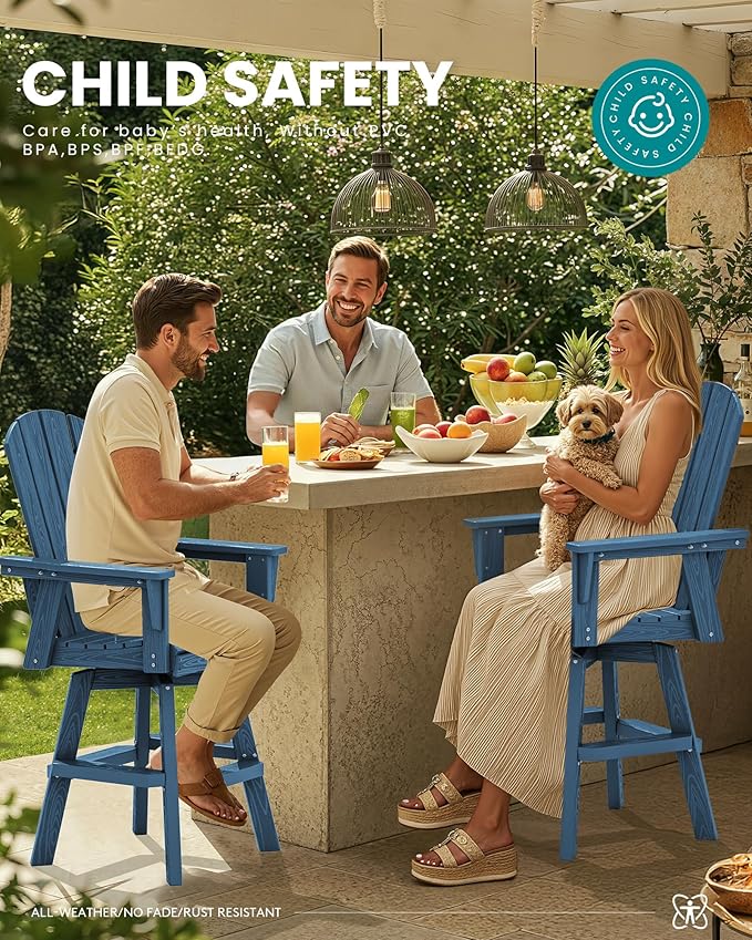 SERWALL Swivel Adirondack Bar Chairs Set of 2, HDPE Outdoor Swivel Barstools Chairs Set of 2 for Bistro, Poolside, Garden, Blue