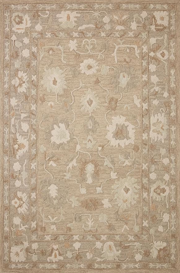 Loloi Chris Loves Julia Dorothea Collection DRT-02 Khaki/Dove 3'-6" x 5'-6" Accent Rug Wool Neutral Floral Living Room Bedroom Carpet