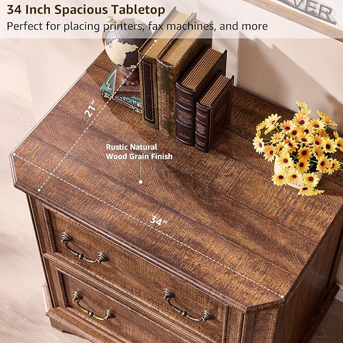 T4TREAM 34" Farmhouse Lateral File Cabinet for Home Office, Large 2-Drawer Wood Filing Cabinet w/Smooth Rails, Fits Letter/Legal Files, Storage Cabinet w/Framed Drawer Front Design, Brown