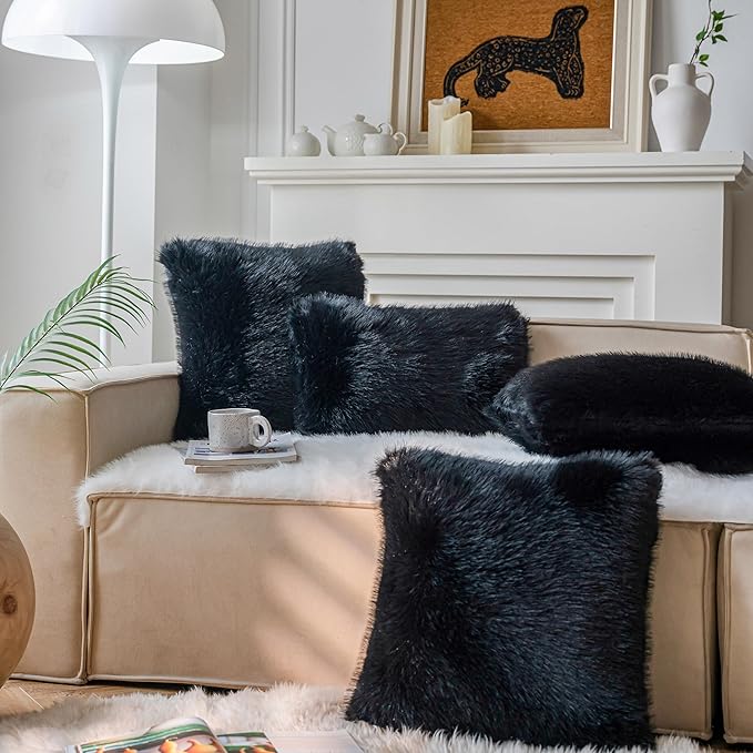 Neelvin Black Faux Fur Cozy Fluffy Double-Sided Decorative Throw Pillow Covers 18x18 inch Set of 2,Velvet Pillowcase Cushion Case for Sofa Couch