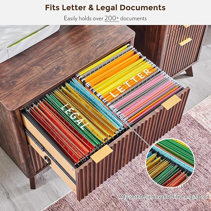 T4TREAM Fluted File Cabinet, 30" Lateral File Cabinet w/Files Hanging Rod for Letter/Legal/A4, Large Tabletop for Printer, Wood Filing Cabinets for Home Office, Walnut