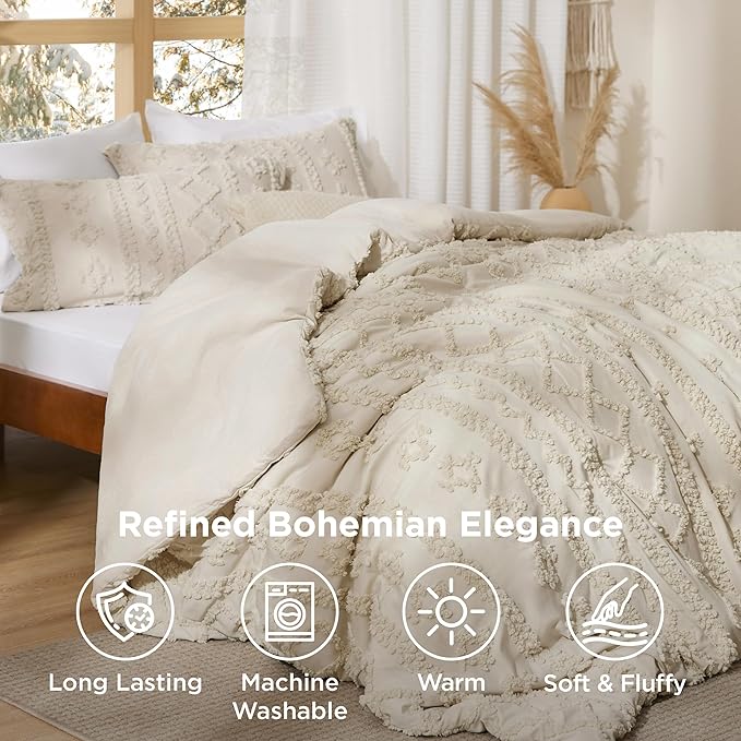 Bedsure Tufted Boho Comforter Set Queen Size - Beige Boho Bed Set, GentleSoft™ 3 Pieces Farmhouse Shabby Chic Embroidery Bedding, Gifts for Woman, Soft Jacquard Queen Comforter for All Seasons