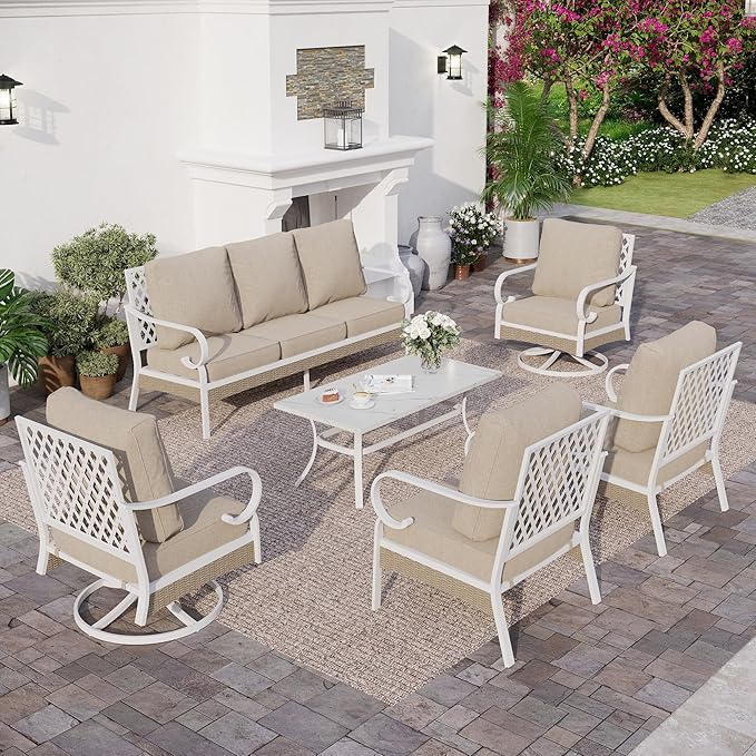 6 Piece Metal Outdoor Patio Furniture Set, Patio Conversation Set 1 3-Seater Sofa, 2 Fixed Sofa, 2 Swivel Chair with 5.75" Thick Cushion & Coffee Table White Backyard Furniture, Beige