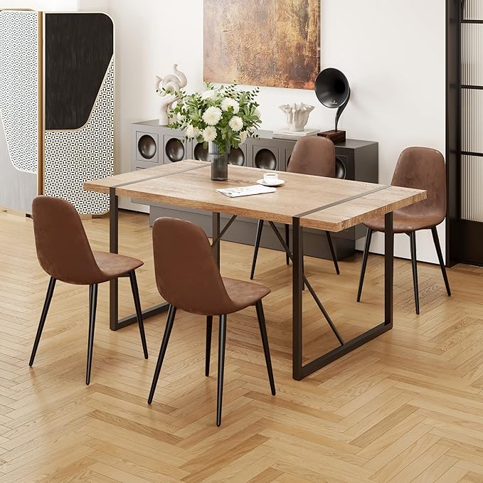 55'' Dining Table for 4-6, Wood Kitchen Table with Metal Legs, Dinner Table for 4-6 for Home Dining Room Living Room