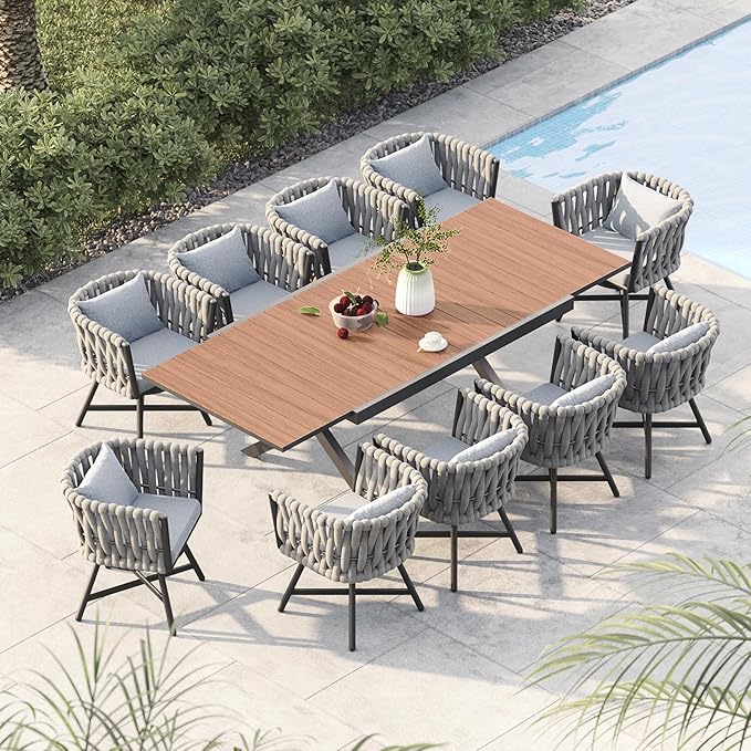 Grand patio 11-Piece Outdoor Dining Set for 10, Patio Dining Furniture Set for 10 Swivel Rope Wicker Chairs & 1 Extendable Rectangular Dining Table, Light Gray Brown