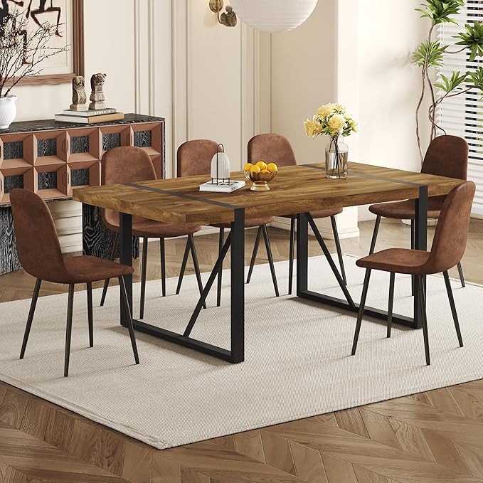 7 Piece Dining Table Set，Dinner Table Set for 6，71'' Dark Wood Kitchen Table and Suede Nap Fabic Chairs Set of 6，6 Chair Dining Table Set for Kitchen Dining Room