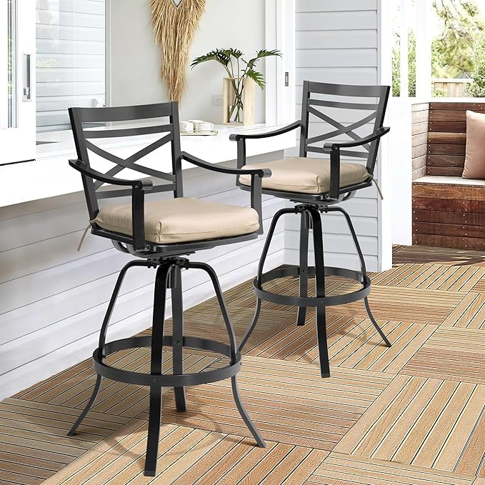 Pellebant 30" Sunbrella Outdoor Bar Stools Set of 2, Aluminum Swivel Patio Bar Height Bar Stools with Back & Footrest, Tall Patio Stool Chairs for Deck Lawn Garden,Beige