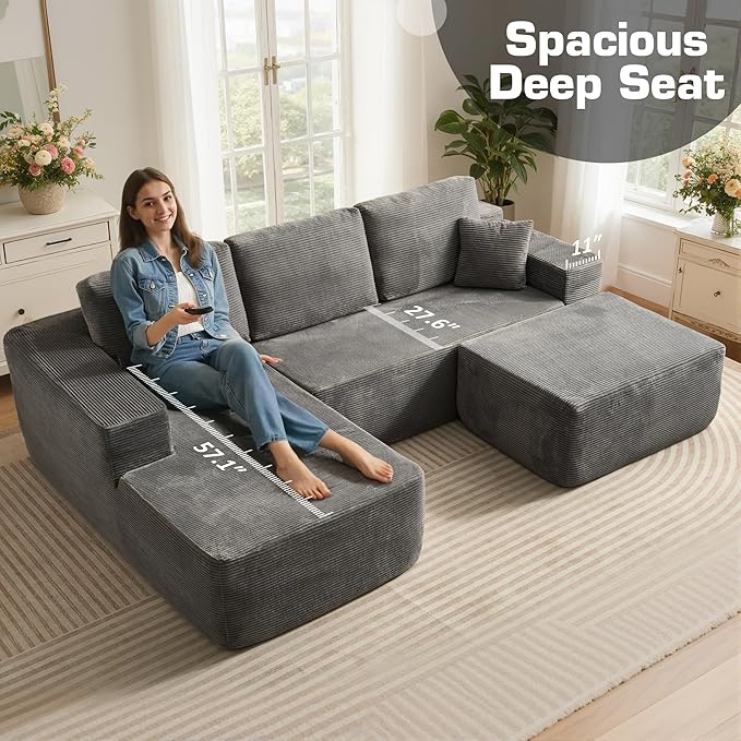 106" Cloud Sectional Couch with L-Shape Chaise & Ottoman, No Assembly Modular Sofa, Deep Seat Corduroy Boneless Couched for Living Room (Gray Stripe Corduroy, Left Facing Chaise with Ottoman)
