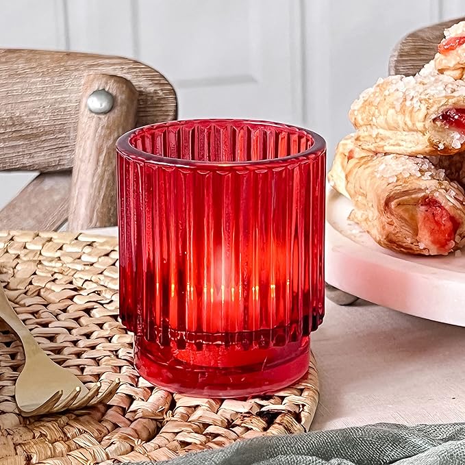 Kate Aspen Vintage Ribbed Red Glass Candle Holders Set of 6 - Votive & Tealight Candle Holder Decor for Holiday Table Decor, Christmas Dining Tablescape, Fall & Boho Home Accents (27206RD)