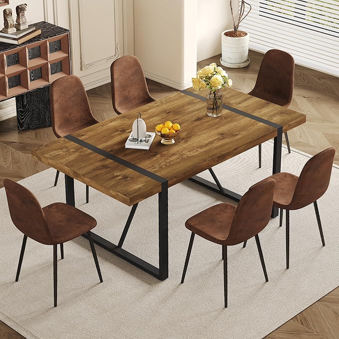 7 Piece Dining Table Set，Dinner Table Set for 6，71'' Dark Wood Kitchen Table and Suede Nap Fabic Chairs Set of 6，6 Chair Dining Table Set for Kitchen Dining Room