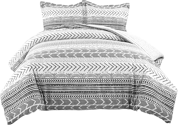 Lush Decor Hygge Geo Reversible 3 Piece Cotton Duvet Set, Full/Queen, Black & White