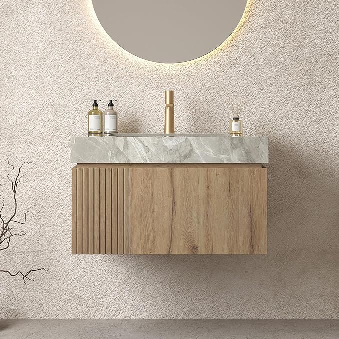 Bathroom Vanity with Sink 30 Inch, Floating Bathroom Vanity Sink Cabinet with Drawer and Door, Undermount Sink & Light Gray Sintered Stone Top, Pre-Assembled, White Oak