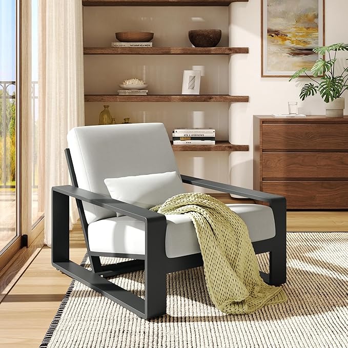 Christopher Knight Home Aspen Outdoor Aluminum Club Chair, Durable Aluminum Lounge Chair, Armchair with Cushions, Metal Accent Chair, Tilt Backrest Recliner for Backyard, Garden, Balcony, Black+Grey