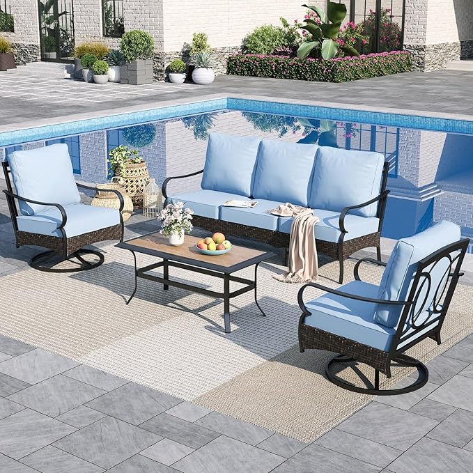 Sophia & William Patio Furniture Set, 4 Piece Metal Outdoor Conversation Set with 3-Seater Outdoor Couch, 2 Swivel Chairs, 1 Coffee Table for Outdoor Seating, Backyard, Porch(Blue)