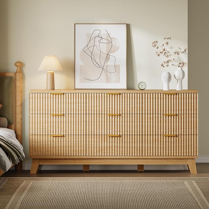 63" Long Dresser for Bedroom, 9-Drawer Fluted Dresser, Extra-Wide Wood Chest of Drawers with Smooth Metal Slides, Stable Base, Modern Clothes Storage Cabinet for Living Room, Hallway, Nursery