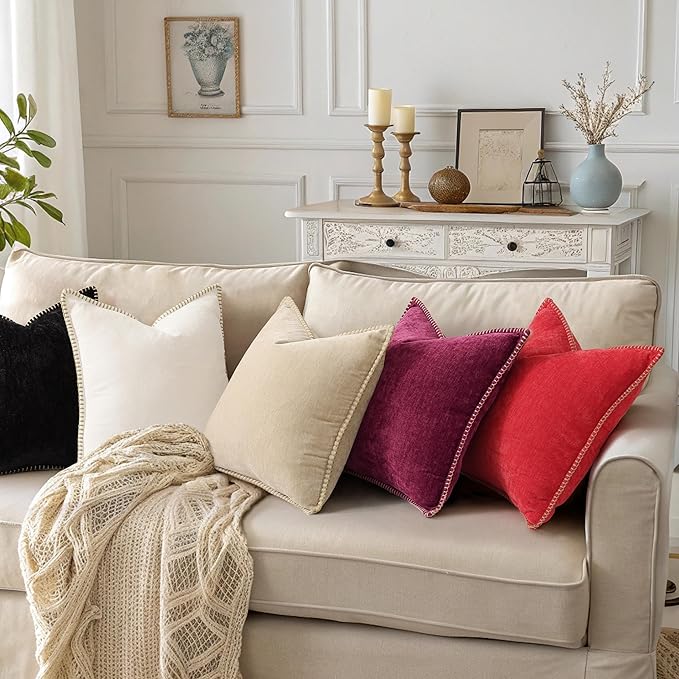 decorUhome Chenille Soft Throw Pillow Covers 20x20 Set of 2, Farmhouse Velvet Neutral Decorative Euro Pillow Covers with Stitched Edge for Couch Sofa Bed Home Decor, Black