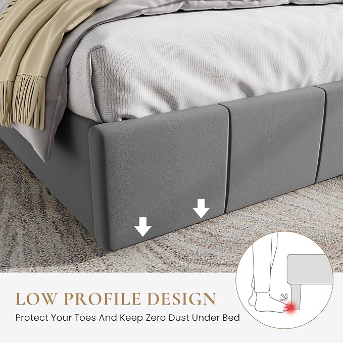 SHA CERLIN Full Size Bed Frame, Velvet Upholstered Platform Bed, Vertical Channel Tufted Adjustable Headboard, Low Profile Bed Frame, No Box Spring Needed, Easy Assembly, Grey