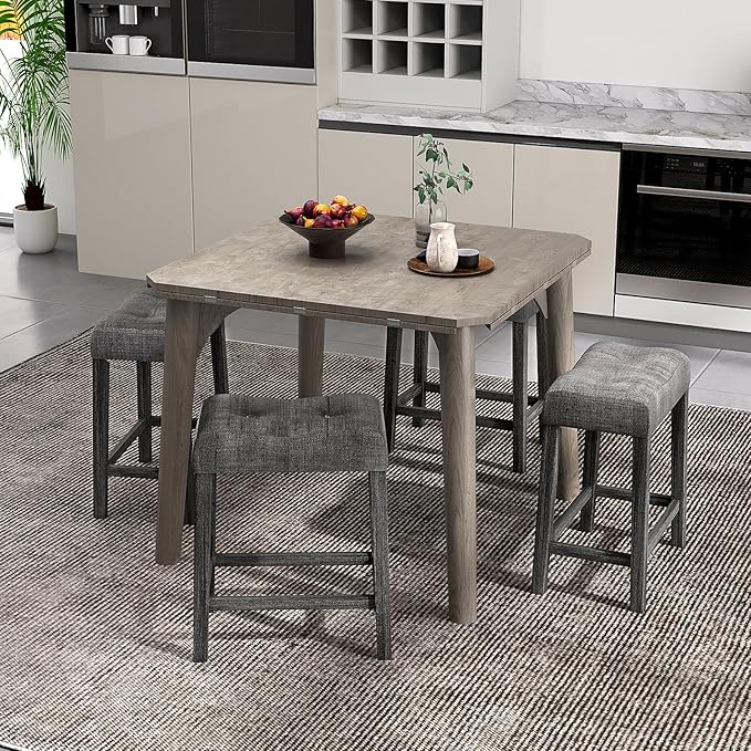 COSTWAY Wooden Saddle Stools Set of 4, 24-inch Counter Height Upholstered Backless Bar Stools with Solid Rubber Wood Legs, Padded Seat, Farmhouse Dining Chairs for Kitchen Island, Cafe, Grey
